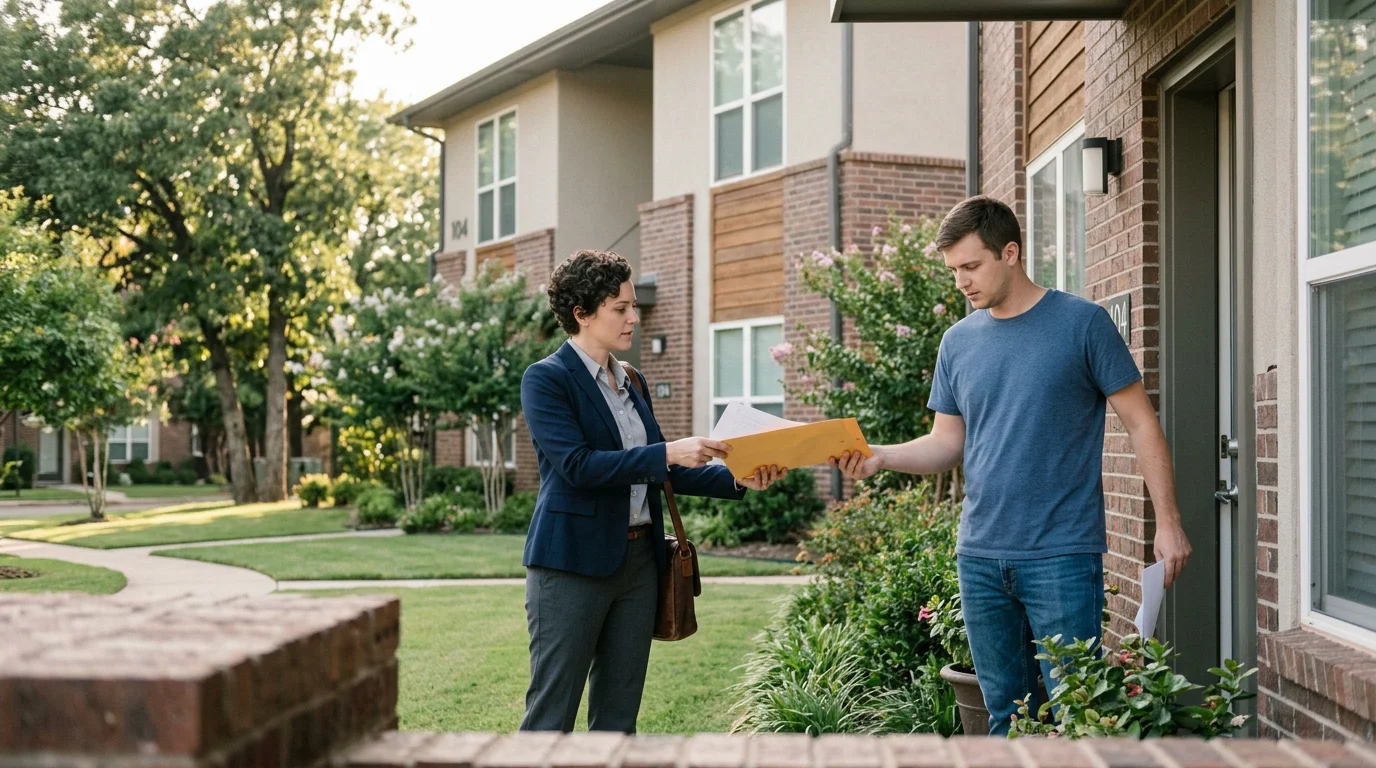 Process server at an Oklahoma rental property for eviction notice delivery
